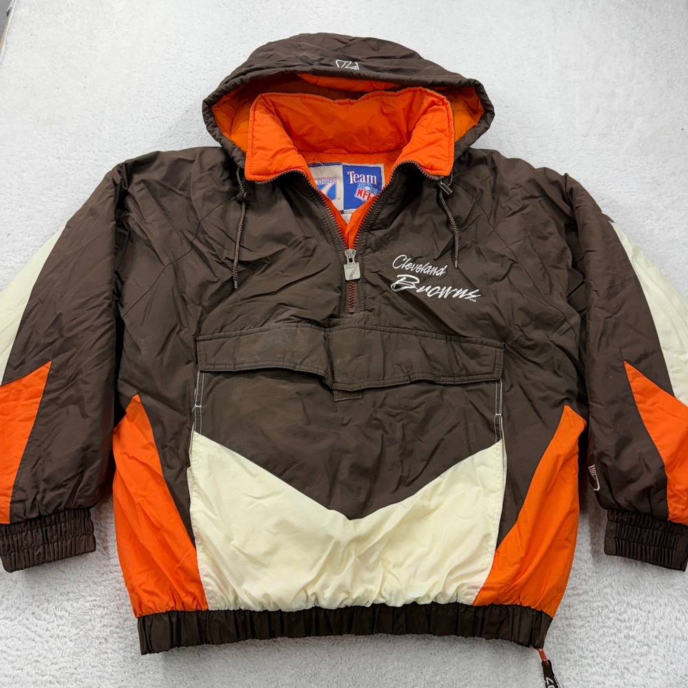 Vintage Logo 7 Cleveland Browns NFL Puffer Jacket Brown Orange‎ Mens Large 90s